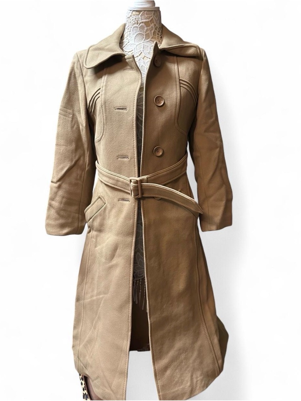 Women's Camel Long Belted Trench Coat
